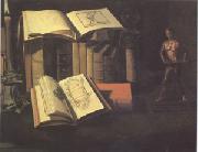 Sebastian Stoskopff Still Life with Books Candle and Bronze Statue (mk05) oil on canvas